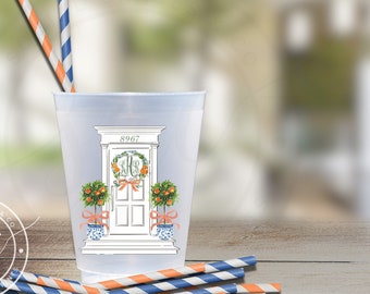 Personalized Frosted Cups: Watercolor Chinoiserie Topiary, Script Monogram Front Door Wreath