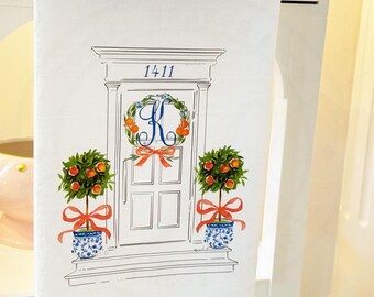 Personalized Chinoiserie Flour Sack Tea Towel: Citrus Wreath Monogram, Front Door House Merch