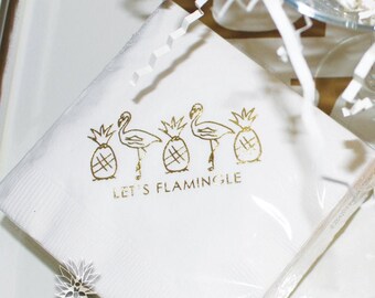 Personalized Cocktail Napkins, hand drawn Pineapple and Flamingo Party Napkin