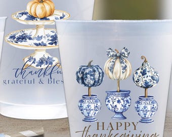 Chinoiserie Thanksgiving Frosted Cups: Fall Party Decor, Watercolor Printed Designs, Set of 25