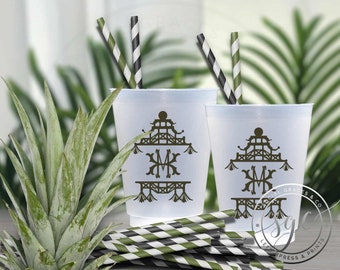 Pagoda Chinoiserie Duo Monogram Personalized Frosted Party Cups