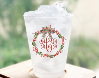 Holly Berry Christmas Wreath Monogrammed Party Cups