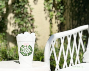Christmas Monogram Wreath Styrofoam Party Cups, 16oz To Go Cup Full Color Prints