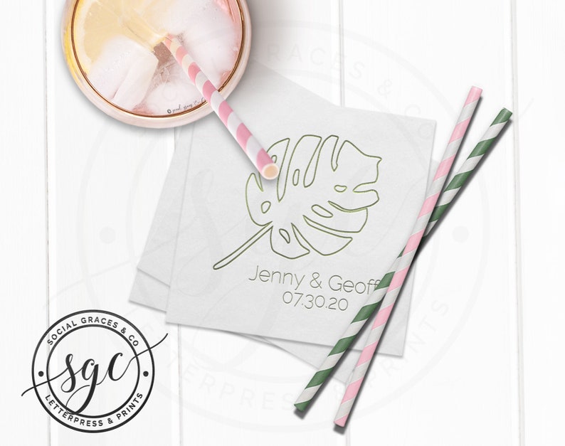 Personalized Tropical Wedding Napkins, Monstera Palm Leaf immagine 1