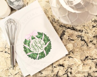Christmas Wreath Monogrammed Kitchen Tea Towel Hostess Gift