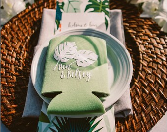 Tropical Palm Beach Wedding Can Coolers | Party Favors by social graces Co.