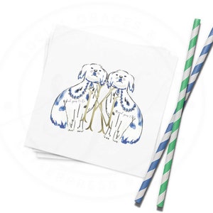 Springer Spaniel Chinoiserie Dog Duo Monogram Cocktail Party Napkins | Hand Painted Watercolor Illustration | Foil Imprint | Set of 100