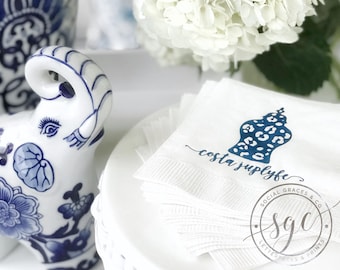 Cocktail Napkins, Chinoiserie Chic Cheetah Ginger Jar Personalized Monogrammed Bar Cart Accessories