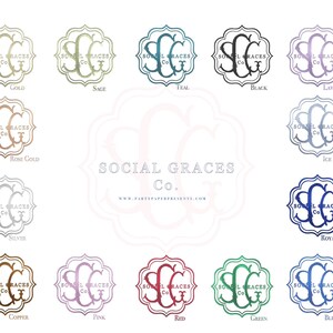 May include: A collection of monogram designs in various colors, including gold, sage, teal, black, lavender, rose gold, ice blue, silver, copper, pink, red, green, and royal blue. Each design features the text "SOCIAL GRACES Co."