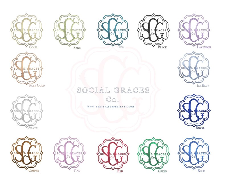 May include: A collection of monogram designs in various colors, including gold, sage, teal, black, lavender, rose gold, ice blue, silver, copper, pink, red, green, and royal blue. Each design features the text "SOCIAL GRACES Co."