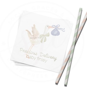 Baby Shower Stork Cocktail Party Napkin | Hand Painted Watercolor Illustration | Foil Imprint | Set of 100
