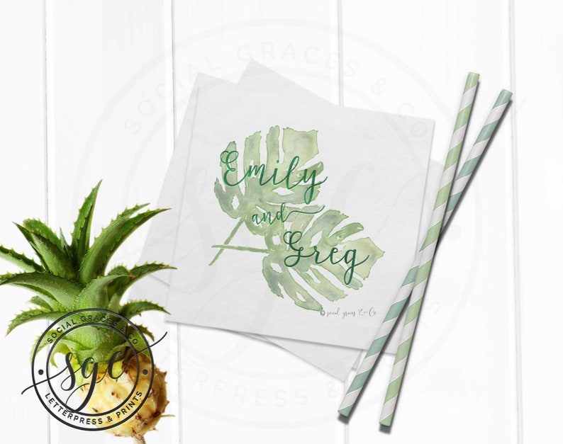 Monstera Leaf Hand Painted Watercolor Cocktail Napkins, Digital Print Letterpress Foil Personalized Wedding Napkins green foil