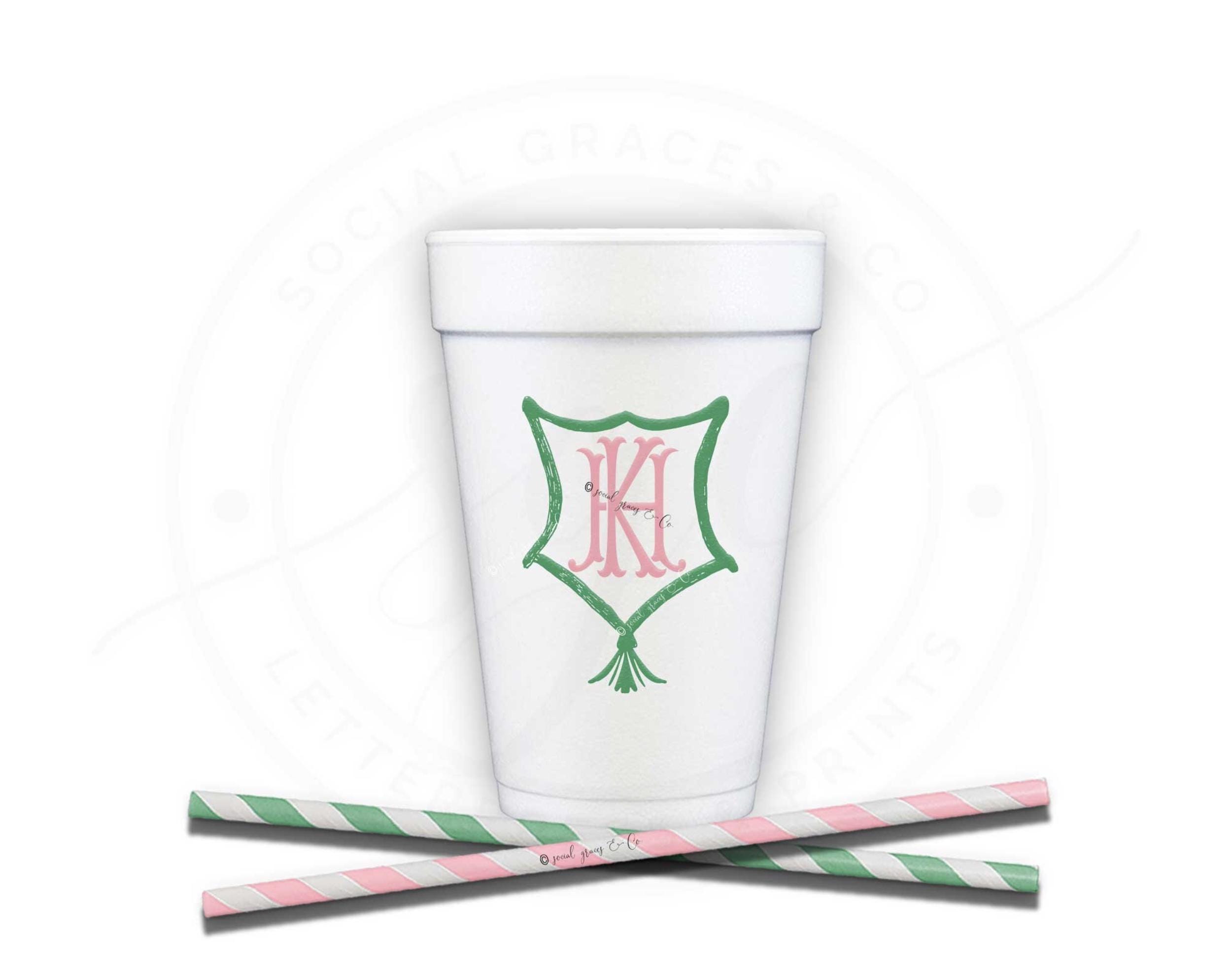 Monogram Crest Styrofoam Cups, 16oz Foam Cup Custom printed and personalized 150 cup minimum