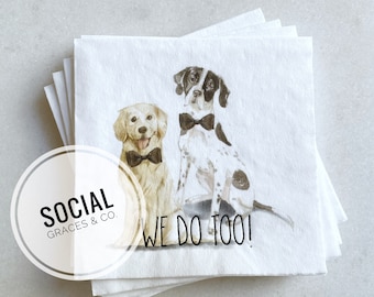 Dog Wedding Personalized Cocktail Napkins, Watercolor Pet Art Illustration Digital Print plus Foil Imprint