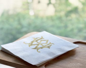 Interlocking Duo Wedding Monogram Cocktail Napkins, Two Initial Foil Imprint, boxed set