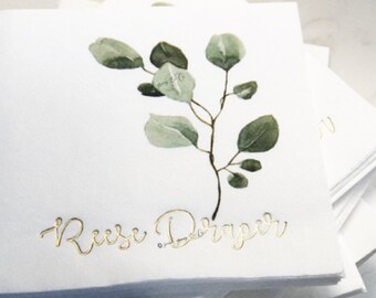 Personalized Cocktail Napkins 30th, 40th, 50th or 60th Birthday Party, watercolor leaf digital print + foil imprint