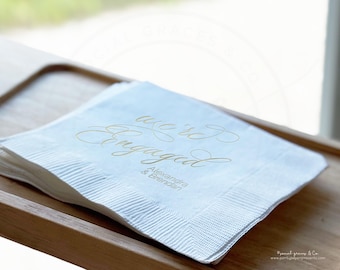 Personalized Engagement Cocktail Napkins, Wedding Bridal Party Napkin, We're Engaged Foil Imprint