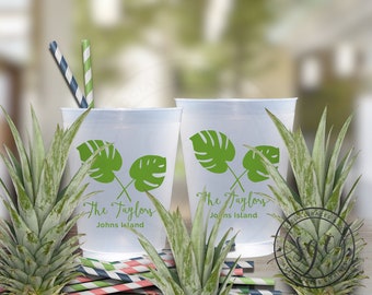 Tropical Party | Customizable Plastic Cups | Beach Trips, Birthdays, Weddings, Engagement Bridal Parties or Baby Shower | Monstera Palm Leaf
