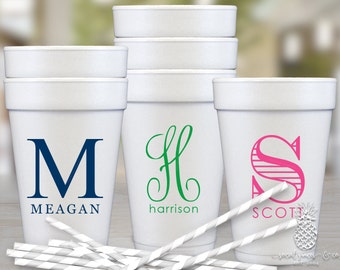 Custom Monogram Party Cups - Personalized To-Go Foam Cup - Disposable Styrofoam Drinkware 14oz, 16oz, 20oz