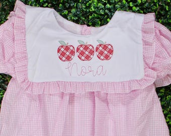 Back to School, Apple, Pink Personalized  Gingham Bubble and Dress | Custom Name Monogram • NB–6 • Fall, PreK, TK, Preschool, Kindergarten