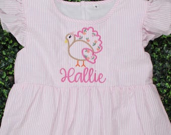 Personalized Pink Seersucker Turkey Dress – Embroidered Thanksgiving Dress for Girls – Custom Name Fall Outfit – 2T - 6Y