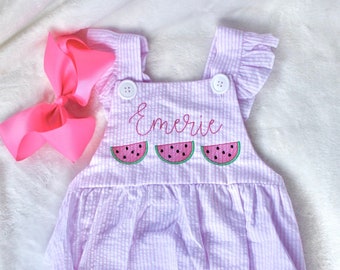 Personalized Watermelon Seersucker Bubble with Ruffles | Sweet one, Fruity, One in a Melon, Birthday Outfit, Two-ti Fruity Birthday, Romper
