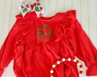 Christmas Romper | Red and Green Christmas Bubble | Monogram, Name, Initial | Christmas Tree, Wreaths, Reindeer | Winter outfit, Christmas