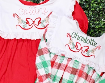 Personalized Christmas Dress & Bubble | Candy Cane Gingerbread Embroidery | Matching Sister Outfits | Holiday Plaid | Baby girls Outfit