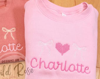 Personalized Valentines Day Sweatshirt for Girls | Cross Stitch Design | Pink Mauve Red Embroidered Initial Crewneck | Toddler & Youth Sizes