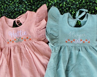 Cute Pumpkin Dress | Monogrammed, Personalized, name, Embroidered bow | Fall outfit, Halloween, thanksgiving, pumpkin patch, birthday outfit