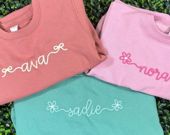 Personalized Girls Embroidered Sweater | Teal, Pink, mauve Sweatshirt Name with bows or flowers, Spring, Summer, Fall, Party, Birthday gift