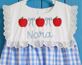Personalized Apple Dress for Girls, Back to School Dress, Embroidered Apple Gingham Dress, Custom Name Dress, First Day of School Outfit