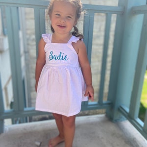 Monogram Girls Outfit Pink seersucker | Personalized name initial or monogram | Cute summer, beach, wedding, birthday bubble, dress bow