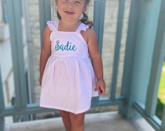 Monogram Girls Outfit Pink seersucker | Personalized name initial or monogram | Cute summer, beach, wedding, birthday bubble, dress bow