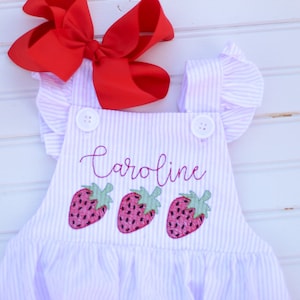 Personalized Strawberry Pink Seersucker Bubble with Ruffles Sweet one, Fruity, Berry first Birthday Outfit, Two-ti Fruity Birthday, Romper image 4