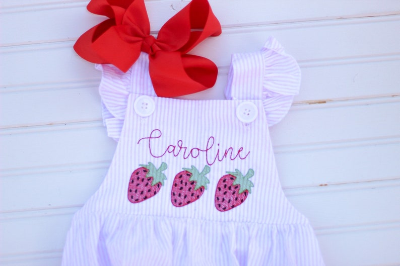 Personalized Strawberry Pink Seersucker Bubble with Ruffles Sweet one, Fruity, Berry first Birthday Outfit, Two-ti Fruity Birthday, Romper image 4