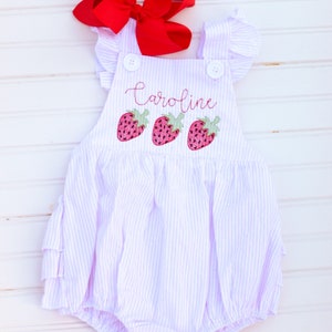 Personalized Strawberry Pink Seersucker Bubble with Ruffles Sweet one, Fruity, Berry first Birthday Outfit, Two-ti Fruity Birthday, Romper image 3