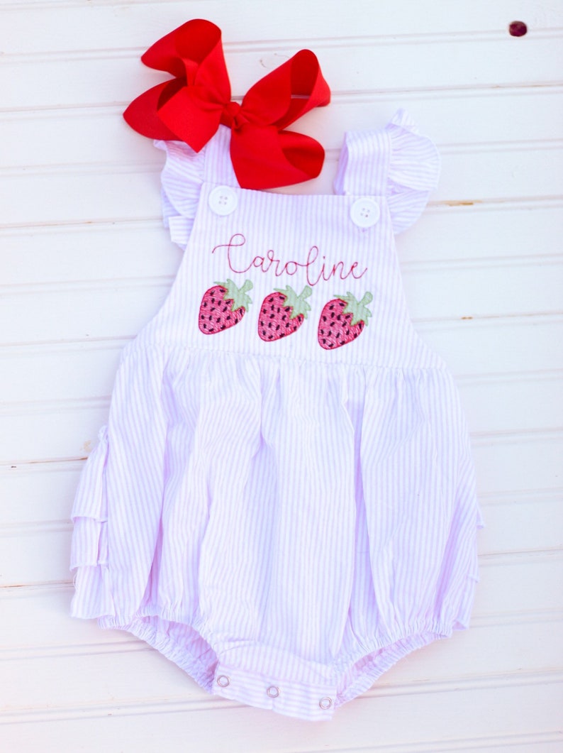 Personalized Strawberry Pink Seersucker Bubble with Ruffles Sweet one, Fruity, Berry first Birthday Outfit, Two-ti Fruity Birthday, Romper image 3