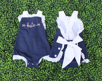 Personalized Navy Blue Bubble for Baby Toddler Girl Romper Sunsuit, monogram | Bow, lace trim, Cute Spring Fall outfit beach birthday party