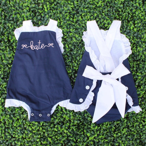 Personalized Navy Blue Bubble for Baby Toddler Girl Romper Sunsuit, monogram | Bow, lace trim, Cute Spring Fall outfit beach birthday party