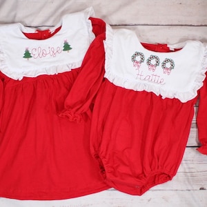 Personalized Red Christmas Bubble and Dress | Toddler Girl Romper | Embroidered Holly Wreath Trees Monogram Bow Embroidered Cute Ruffles