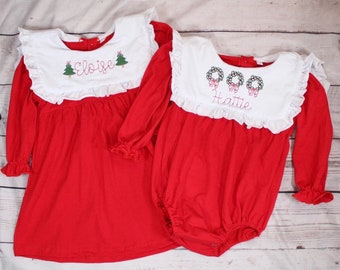 Personalized Red Christmas Bubble and Dress | Toddler Girl Romper | Embroidered Holly Wreath Trees Monogram Bow Embroidered Cute Ruffles