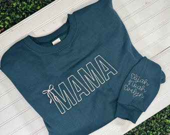Mama Sweatshirt with names on Sleeve, Teal Pink White Gray, Embroidered, Personalized, Birthday, Mother’s Day, grandma, nana, mommy gift