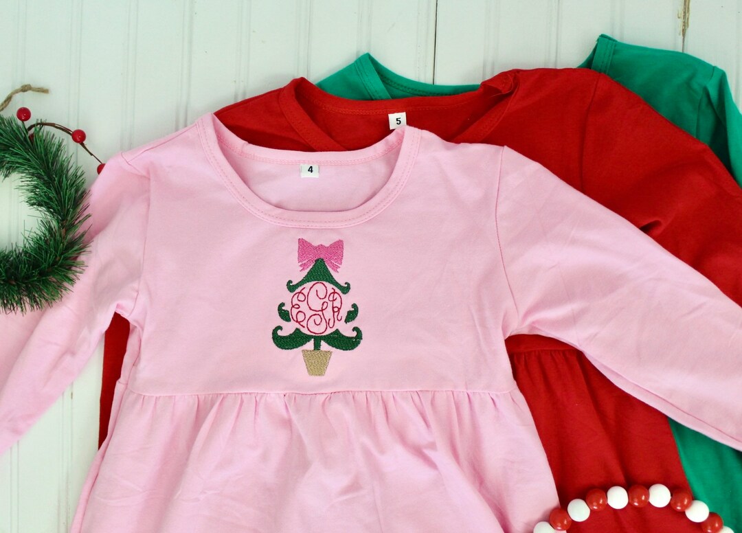 Christmas Tree Dress Personalized, Monogram Embroidered Red, Green