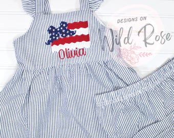 Fourth of July Baby Girl Set – Navy Seersucker, Embroidered Stars Bow or Flag, Personalized, Name, Monogram, Patriotic, summer outfit