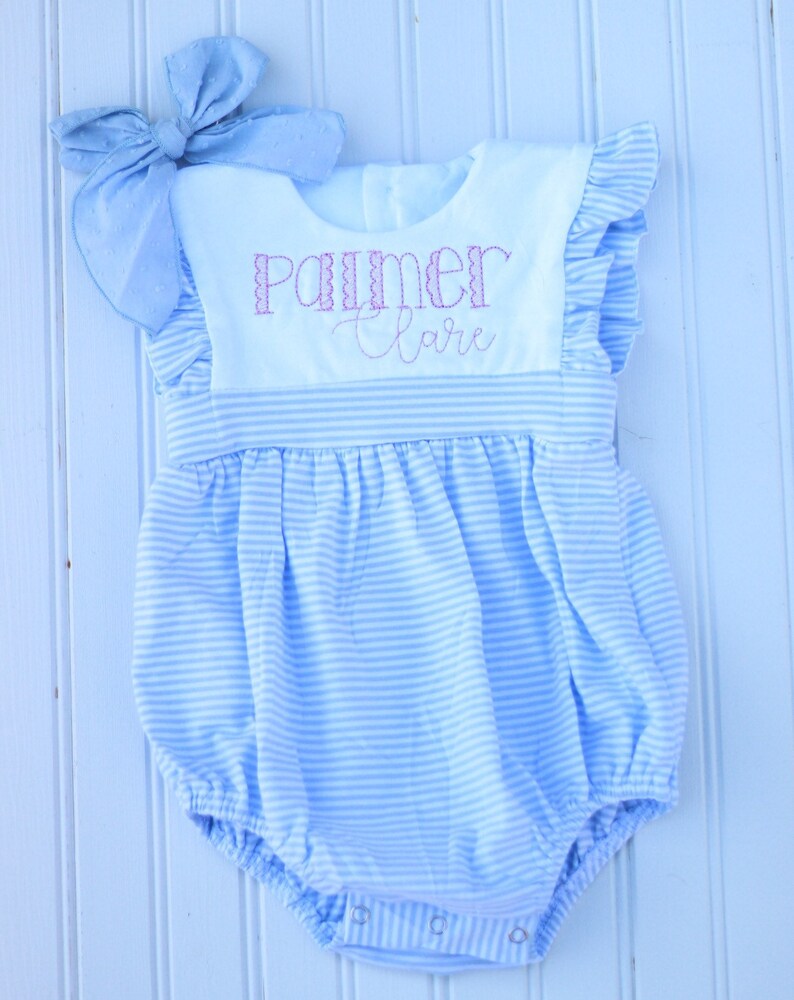 Baby and Toddler Girl Monogram Romper Bubble Striped Blue Etsy