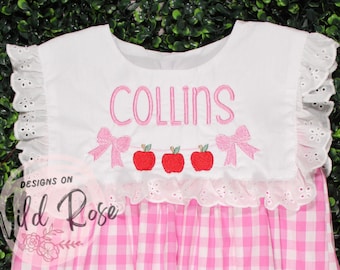 Personalized Apple Dress for Girls, Back to School Dress, Embroidered Apple Gingham Dress, Custom Name Dress, First Day of School Outfit