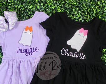 Personalized Halloween Dress Baby Toddler Girls |Ghost, Cute Fall Outfit | Name, Monogram, Embroidered Jack o Lantern, Pumpkin, Candy, Witch