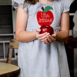 Vestido personalizado para el primer día de clases: conjunto de manzana bordada para niñas, vestido con nombre para la vuelta al cole, preescolar, jardín de infancia