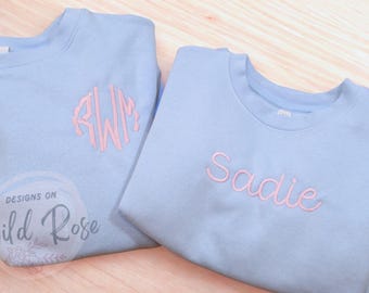 Personalized Girls Sweatshirt | Embroidered Name or Monogram | Light Blue Crewneck | Light Pink Thread | Custom Kids Youth Sweatshirt